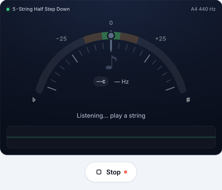 Start the tuner – 5-String Half Step Down Bass Tuning