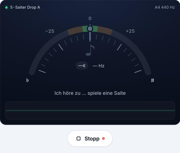 Stimmgerät starten – 5-Saiter Drop A-Stimmung (Bass)
