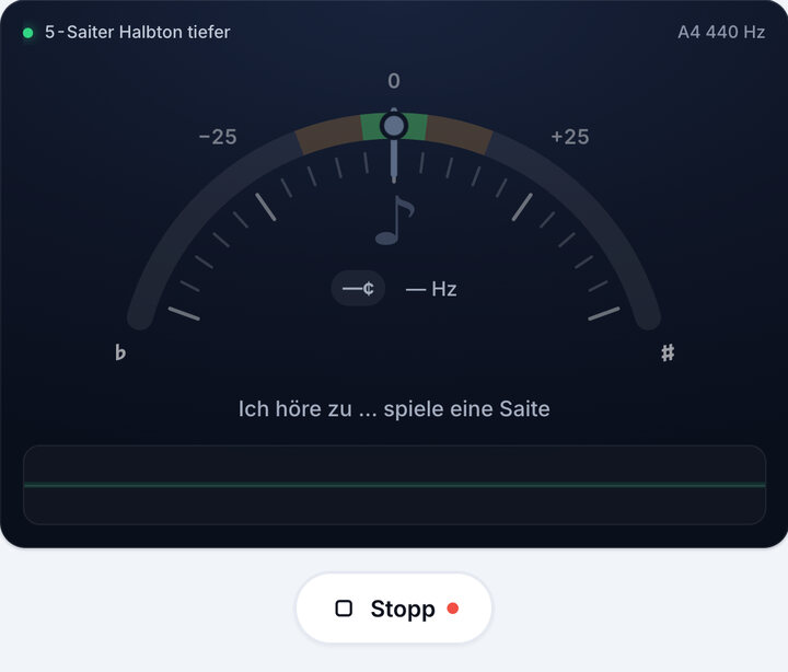 Stimmgerät starten – 5-Saiter Halbton tiefer-Stimmung (Bass)