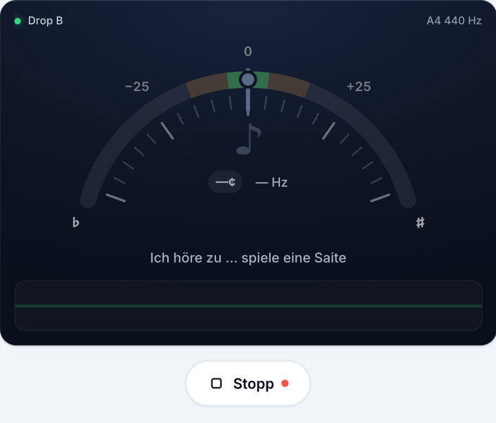 Stimmgerät starten – Drop B-Stimmung (Bass)