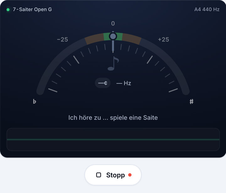 Stimmgerät starten – 7-Saiter Open G-Stimmung
