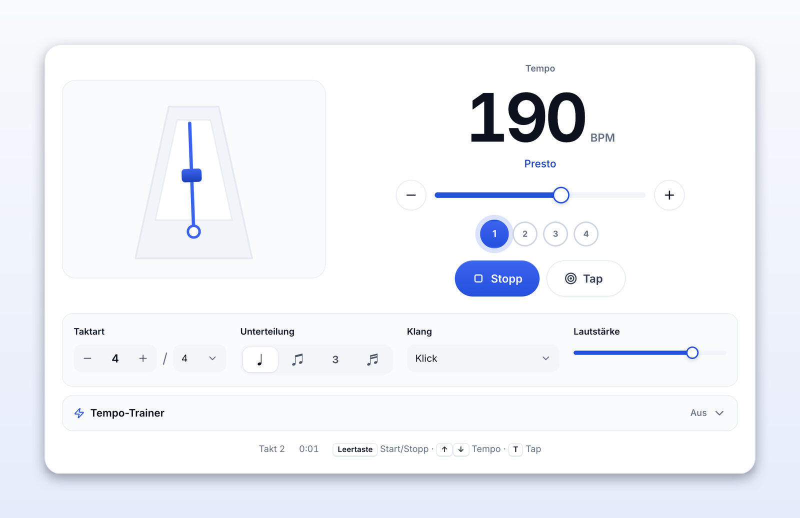 Das Metronom spielt bei 190 BPM (Presto)