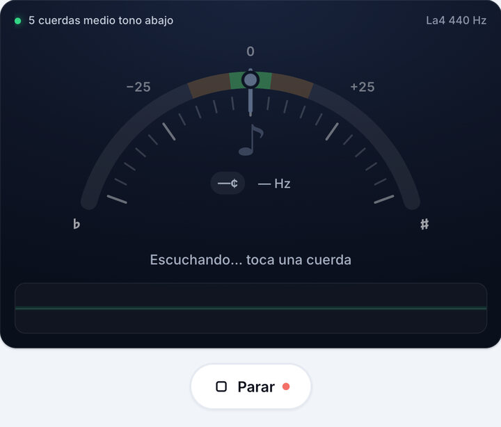 Inicia el afinador – Afinación 5 cuerdas medio tono abajo de Bajo