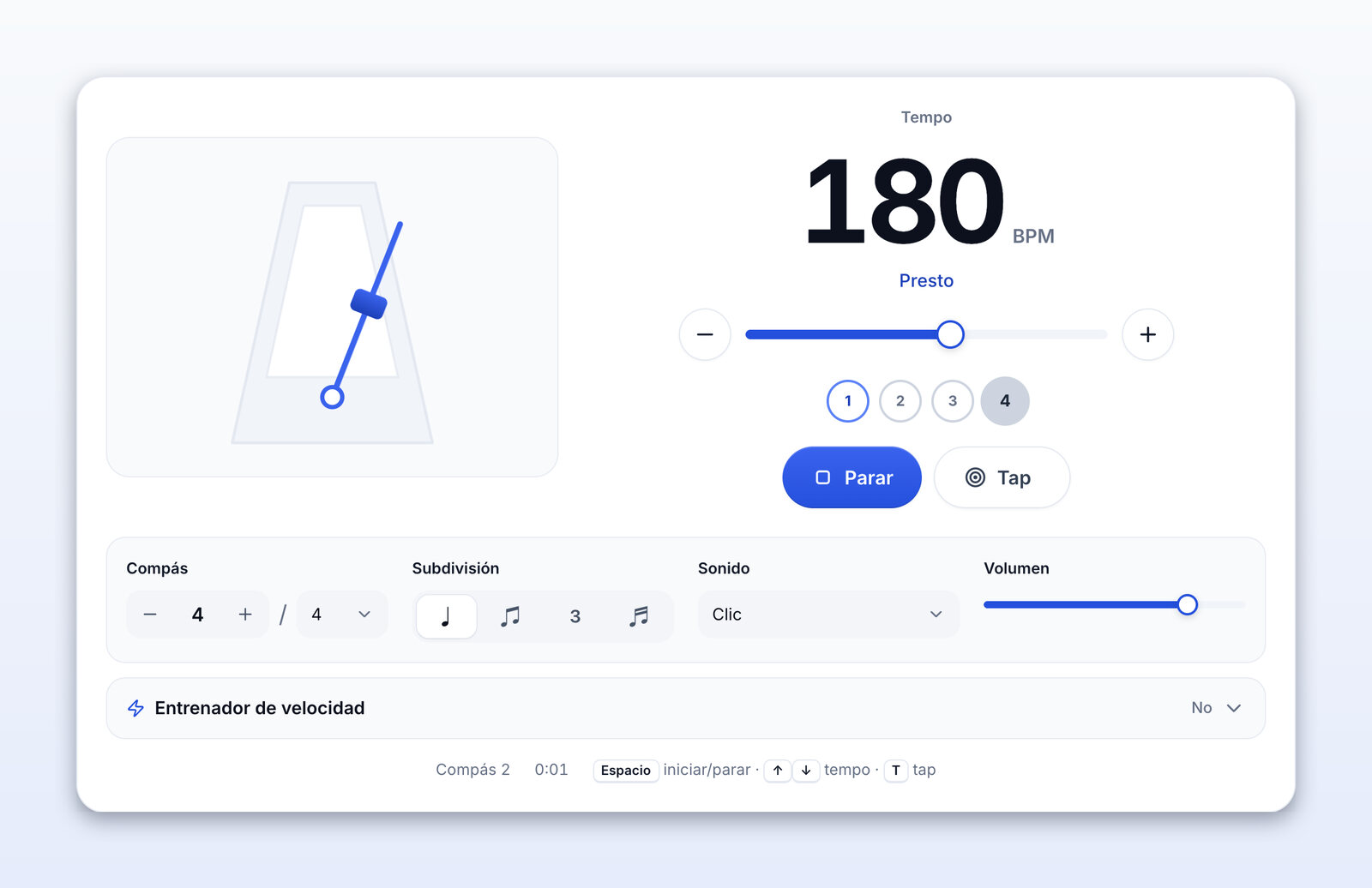 El metrónomo sonando a 180 BPM (Presto)
