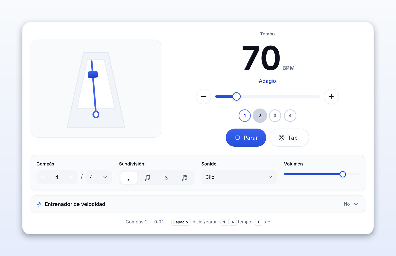El metrónomo sonando a 70 BPM (Adagio)