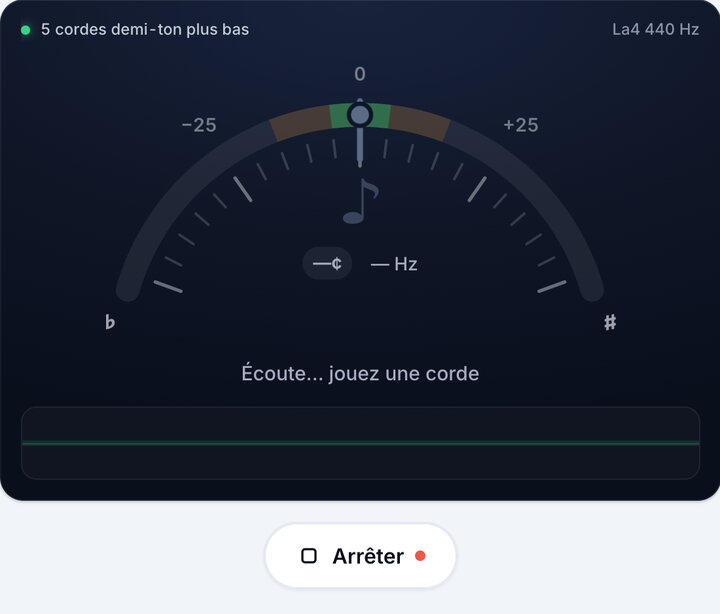 Lancez l’accordeur – Accordage 5 cordes demi-ton plus bas – Basse