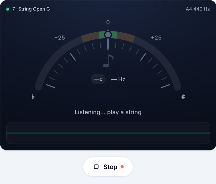 Start the tuner – 7-String Open G Tuning
