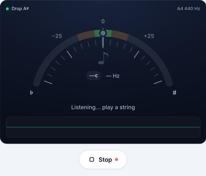 Start the tuner – Drop A♯ Tuning