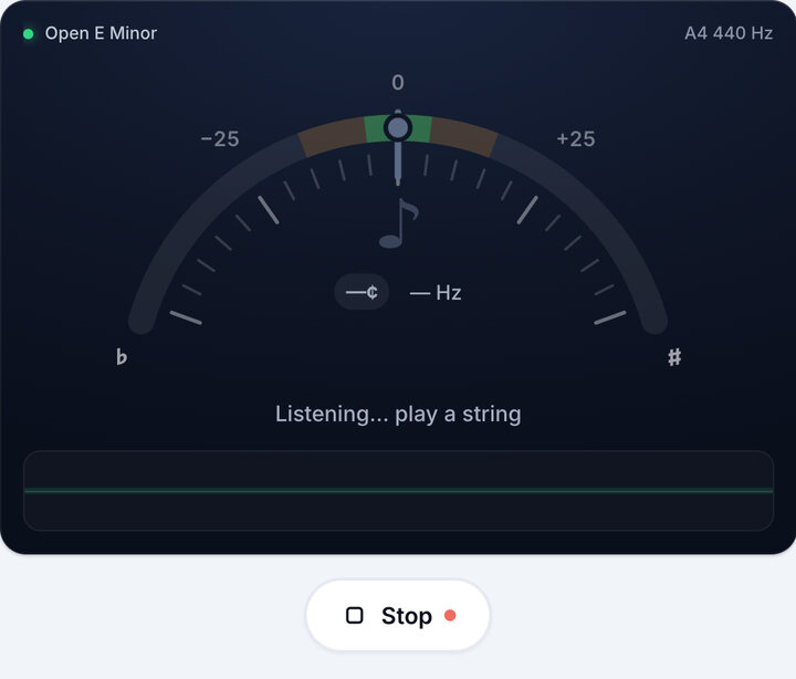 Start the tuner – Open E Minor Tuning