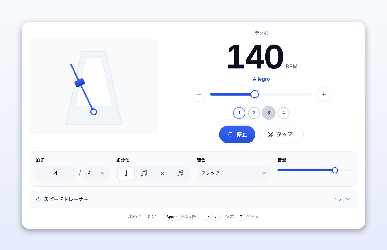 140 BPM（Allegro）で鳴っているメトロノーム
