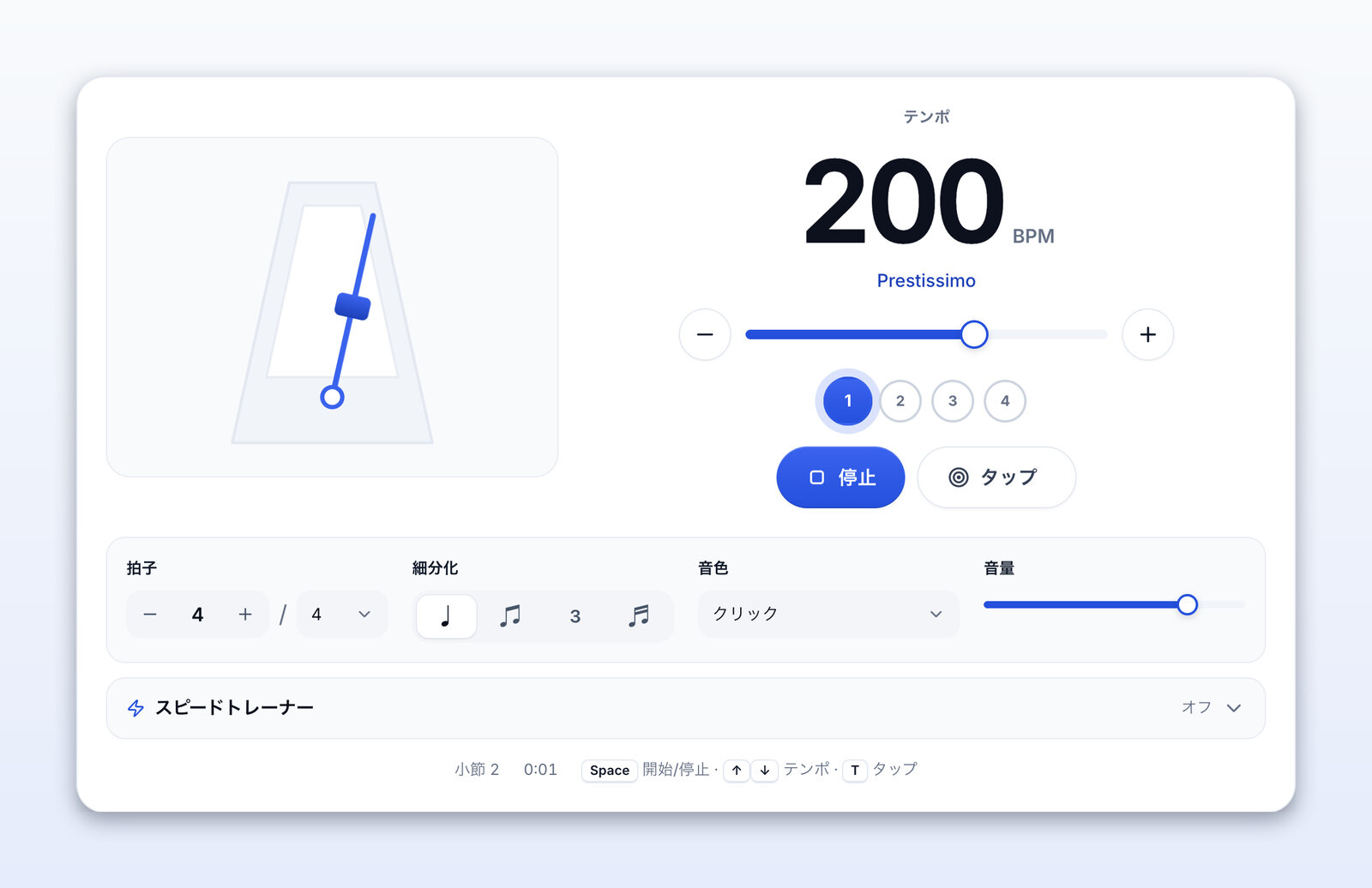 200 BPM（Prestissimo）で鳴っているメトロノーム