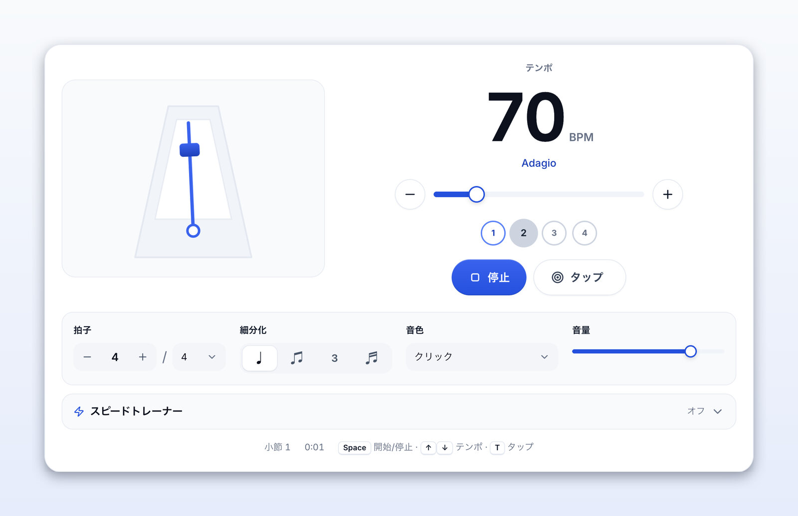 70 BPM（Adagio）で鳴っているメトロノーム