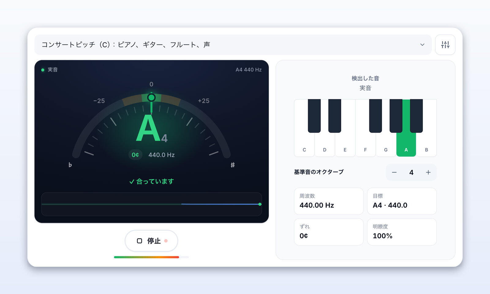 オーケストラのA4を表示しているオーボエチューナー