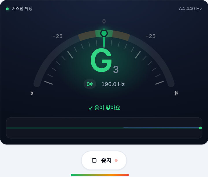 초록색이 될 때까지 맞추기 – 커스텀 튜닝 튜너