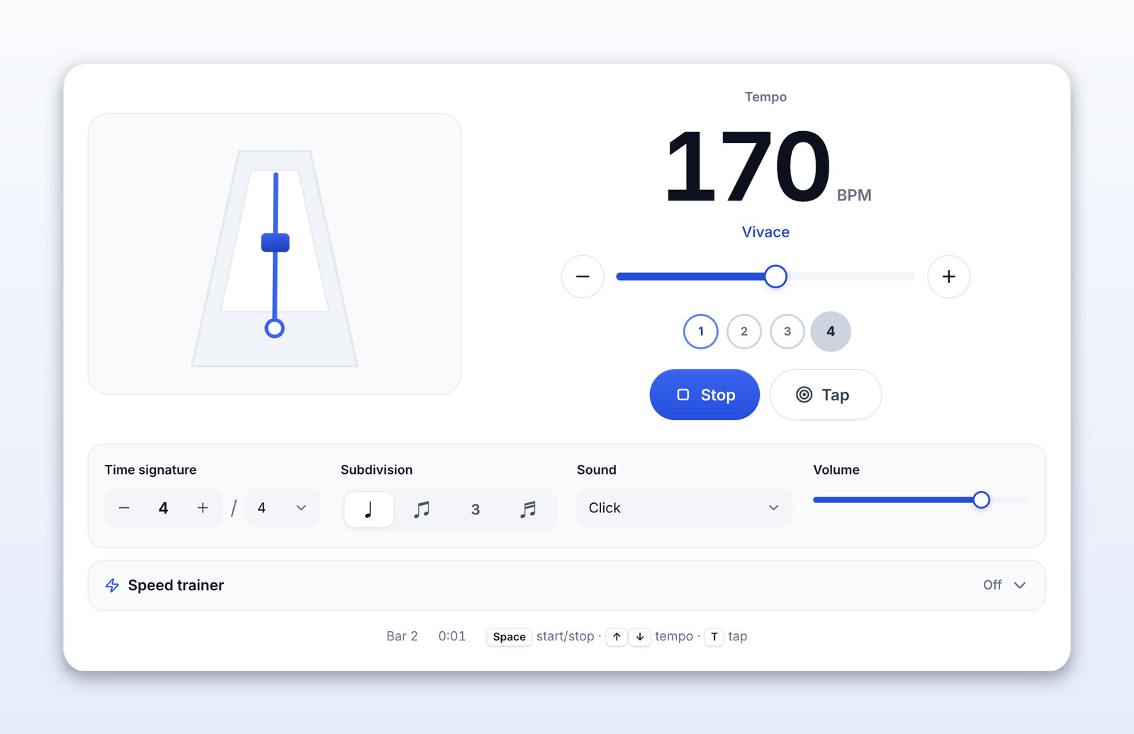 The metronome playing at 170 BPM (Vivace)