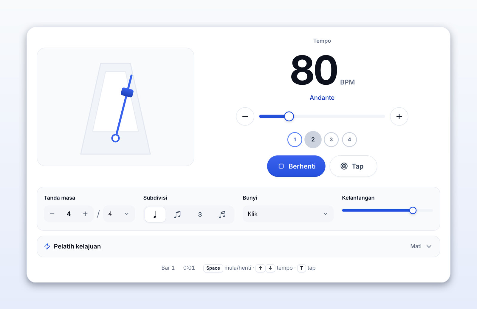 Metronom bermain pada 80 BPM (Andante)