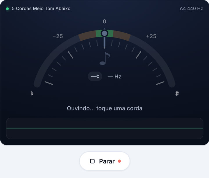 Inicie o afinador – Afinação 5 Cordas Meio Tom Abaixo de Baixo