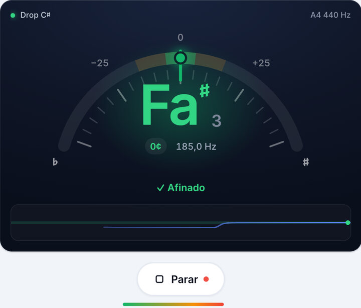 Gire a tarraxa até ficar verde – Afinação Drop C♯