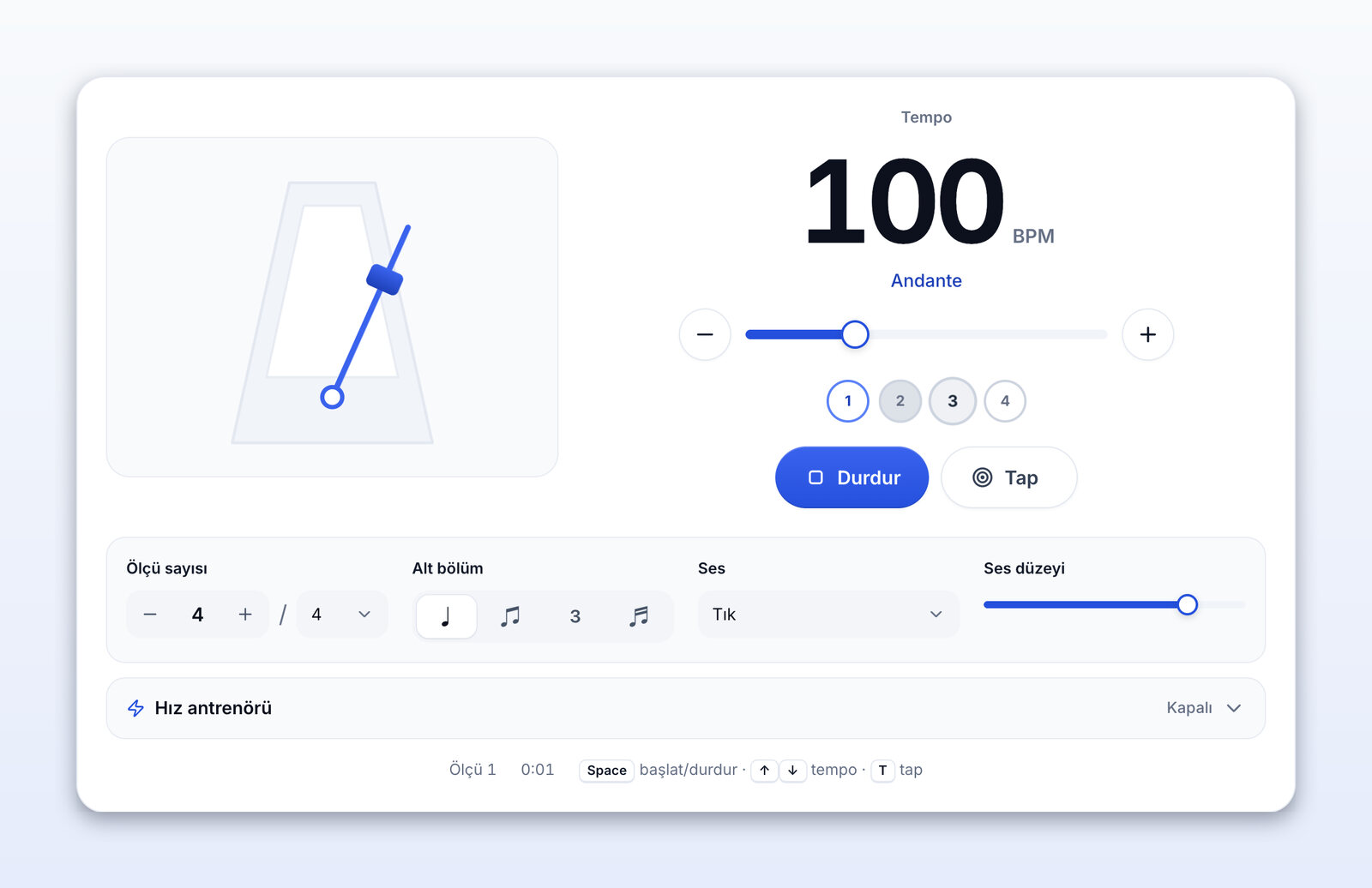 100 BPM (Andante) hızında çalan metronom