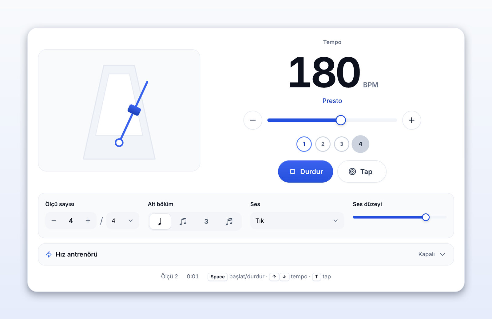 180 BPM (Presto) hızında çalan metronom