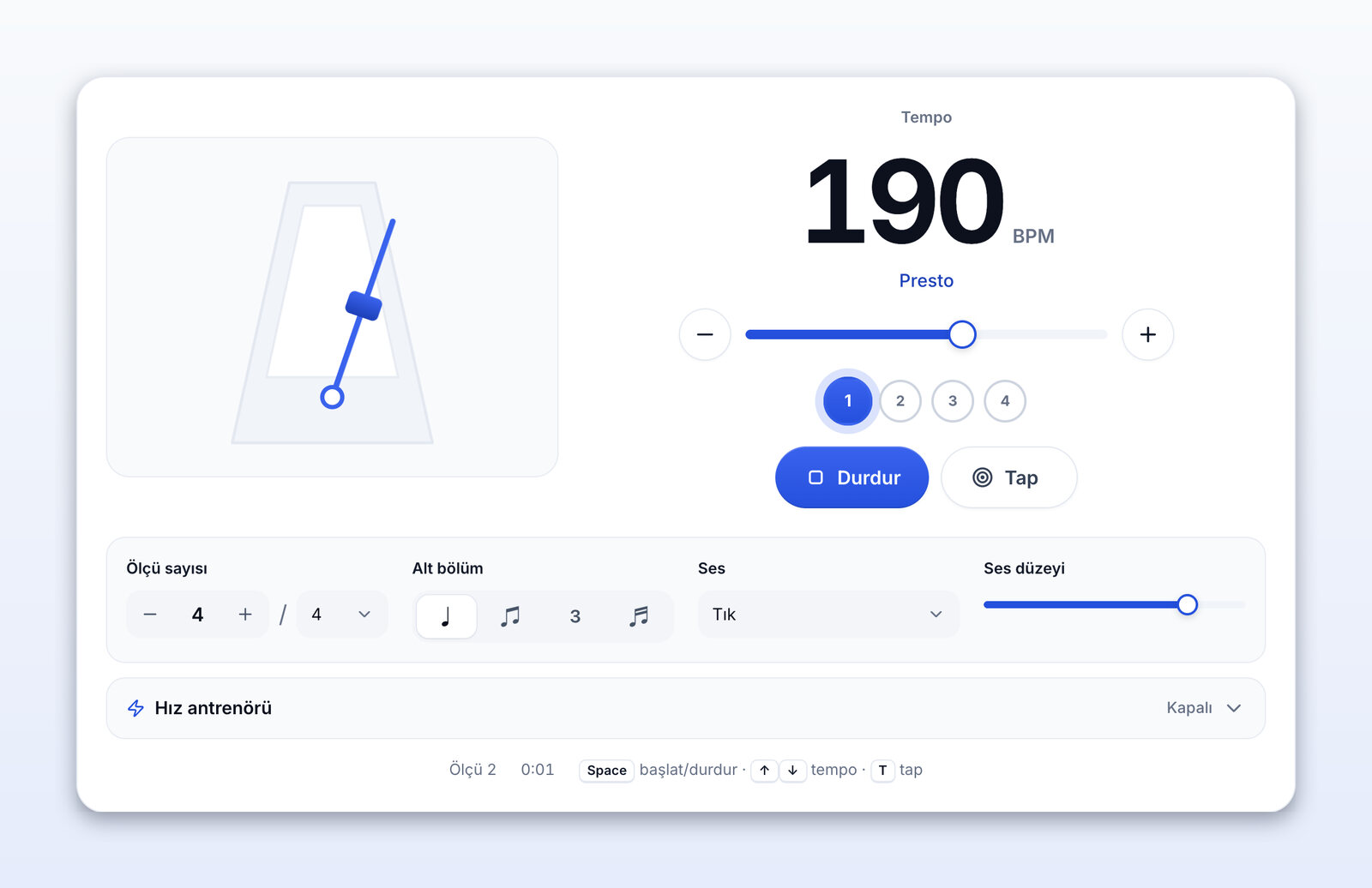 190 BPM (Presto) hızında çalan metronom