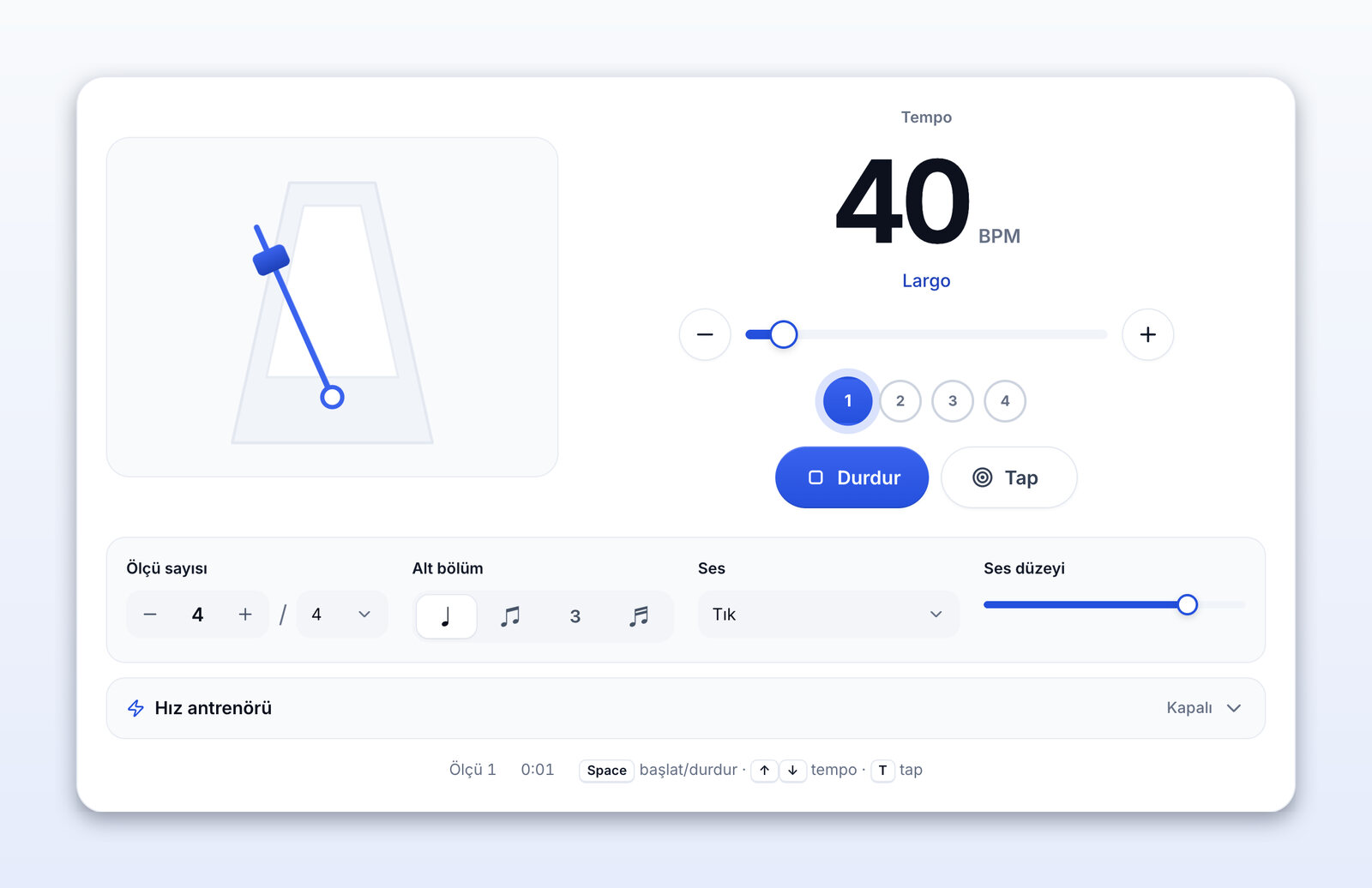 40 BPM (Largo) hızında çalan metronom