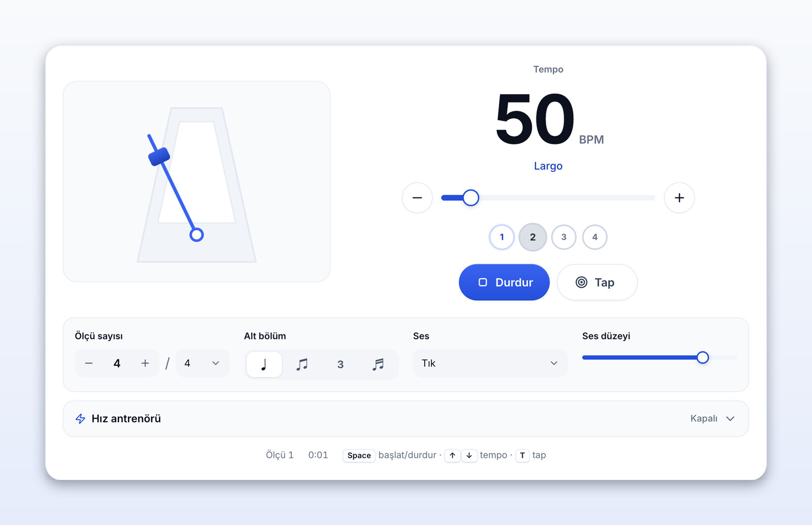 50 BPM (Largo) hızında çalan metronom