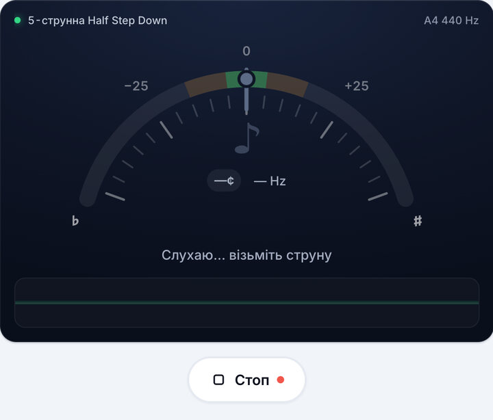 Увімкніть тюнер – Стрій 5-струнна Half Step Down (Бас-гітара)