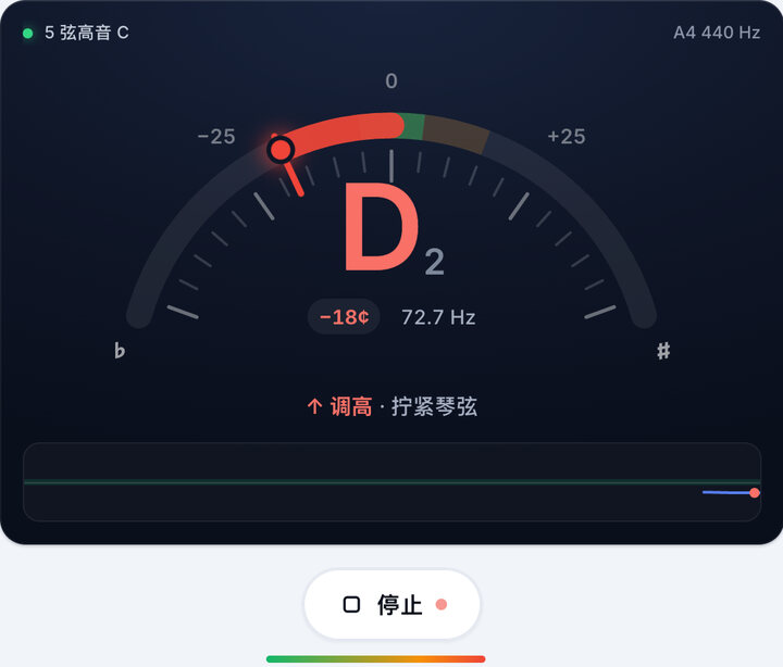 启动调音器 – 5 弦高音 C 贝斯调弦