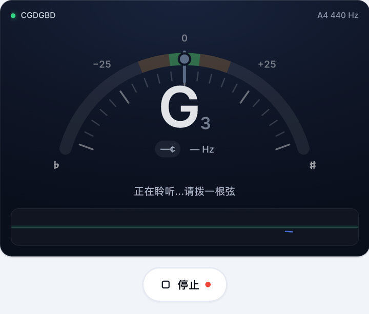 启动调音器 – CGDGBD 调弦