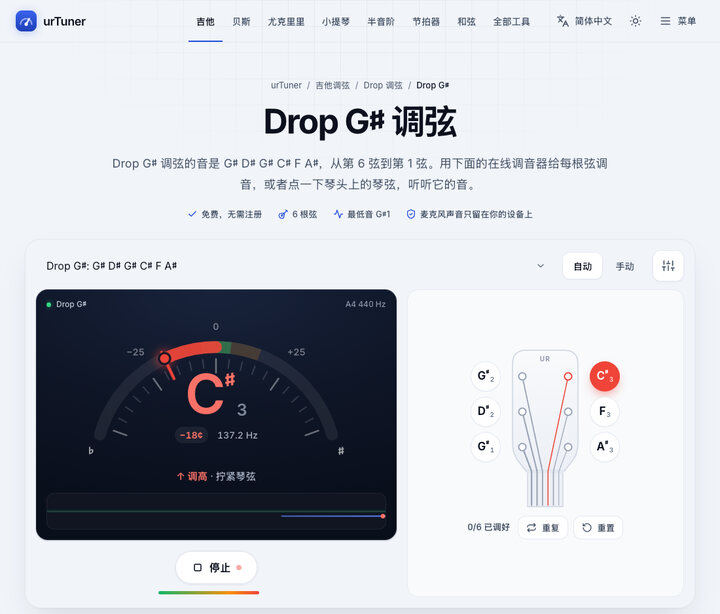 一次弹一根弦 – Drop G♯ 调弦