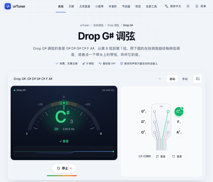 拧弦钮，直到变绿 – Drop G♯ 调弦