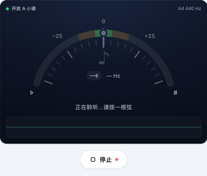 启动调音器 – 开放 A 小调 调弦