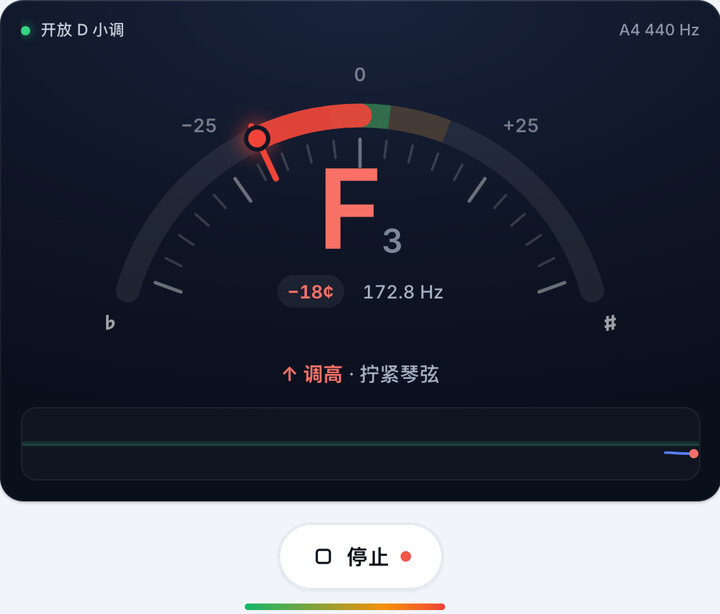 启动调音器 – 开放 D 小调 调弦