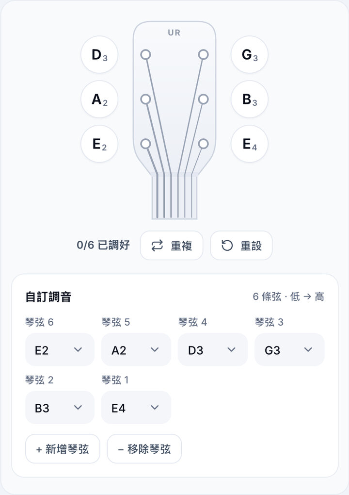 設定每根弦 – 自訂調弦調音器