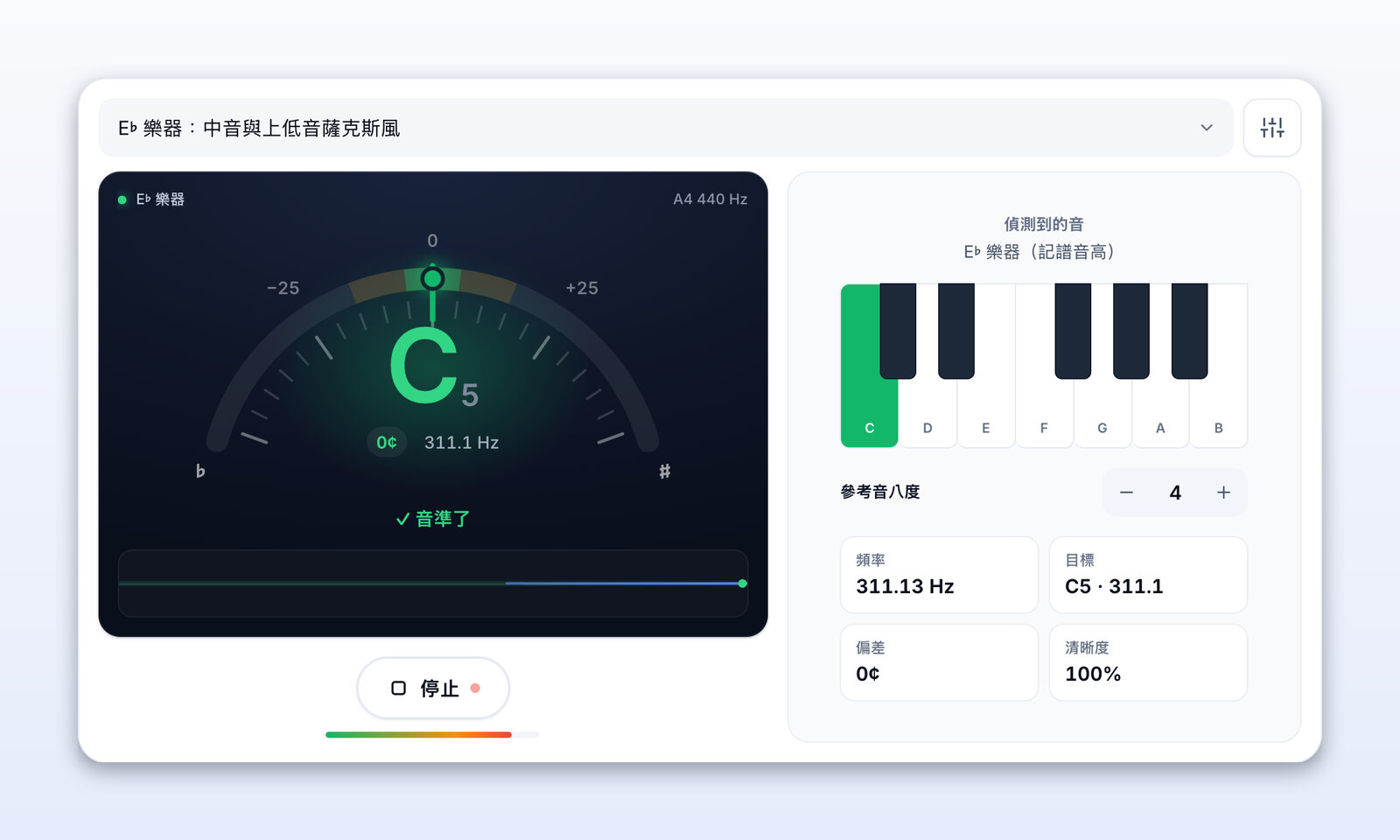 薩克斯風調音器顯示 E♭ 中音薩克斯風的記譜音